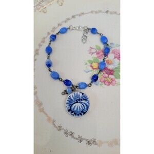 Broken China Blue & White Charm on Fused Glass Beaded Bracelet